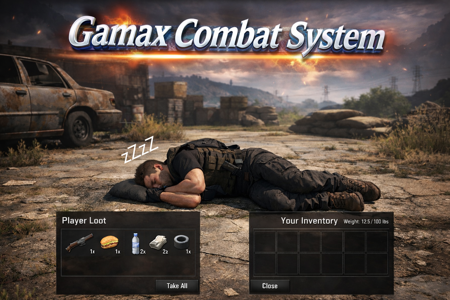 GamaX Combat System uyuyan oyuncu ve loot envanteri ekranı