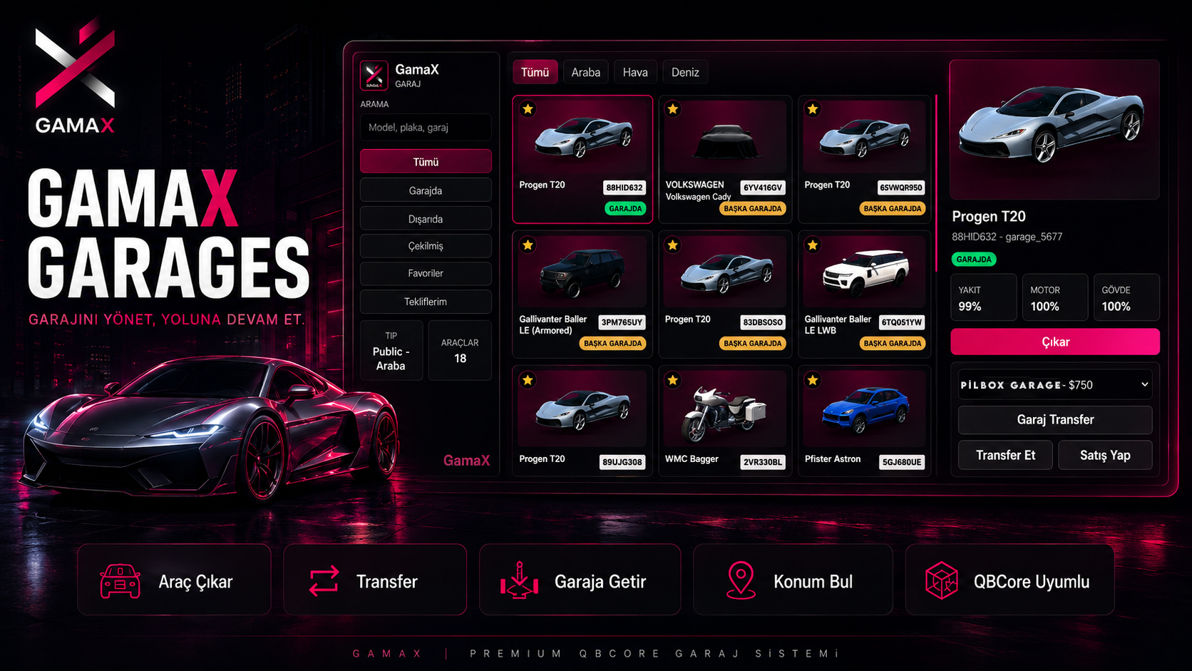 GamaX Garages araç seçme ve garaj yönetim arayüzü