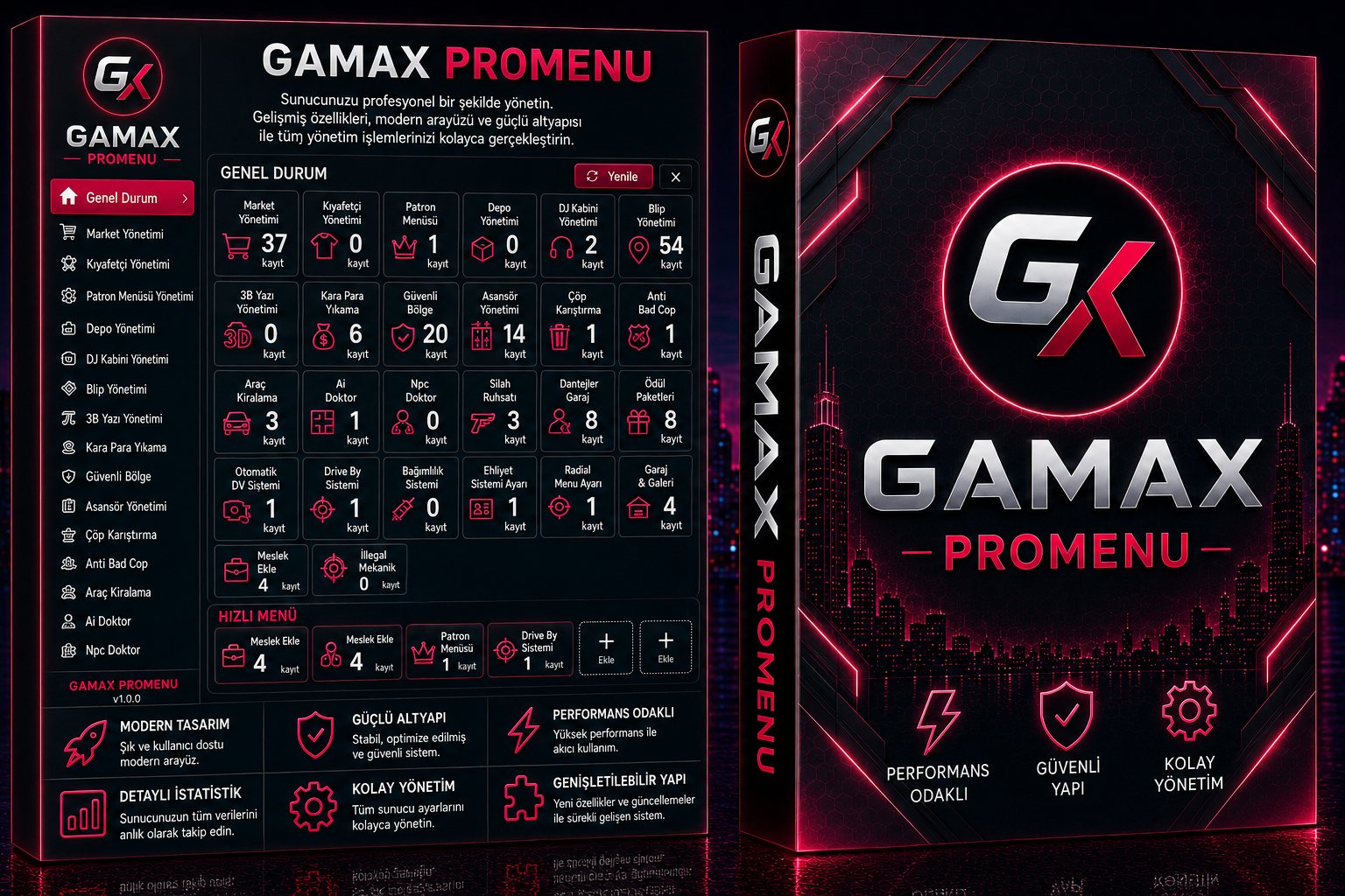 GamaX ProMenu genel durum panosu ve modül listesi